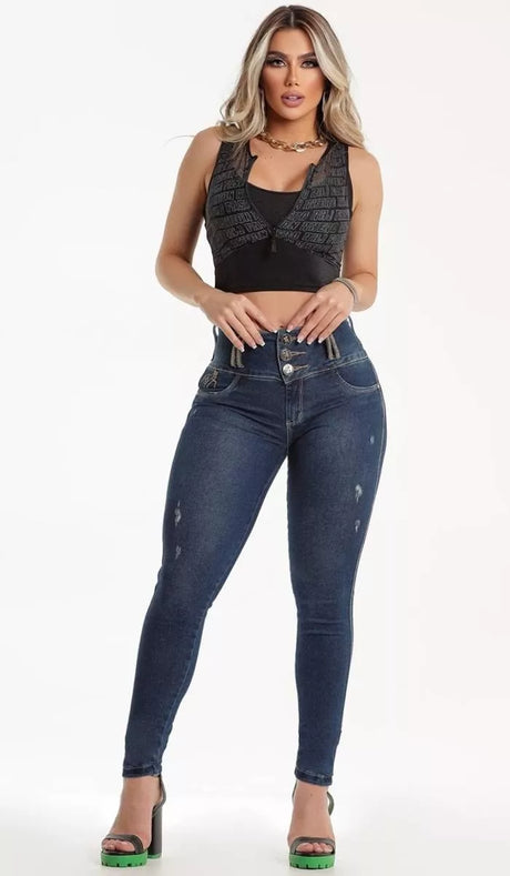 Calça jeans feminina de cintura alta Rhero com levantamento de bumbum 56622